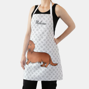 Red Long Hair Dachshund Cute Cartoon Dog & Name Apron