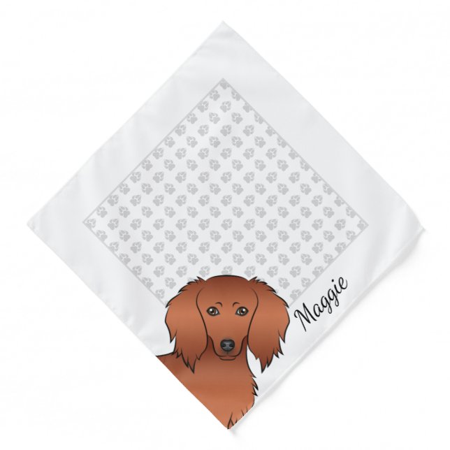 Red Long Hair Dachshund Cute Cartoon Dog & Name Bandana (Front)