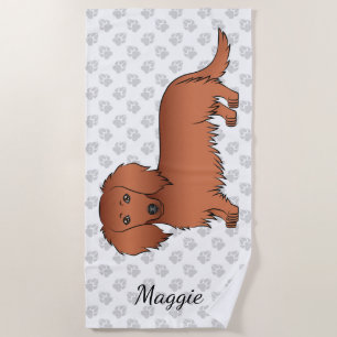 Red Long Hair Dachshund Cute Cartoon Dog & Name Beach Towel