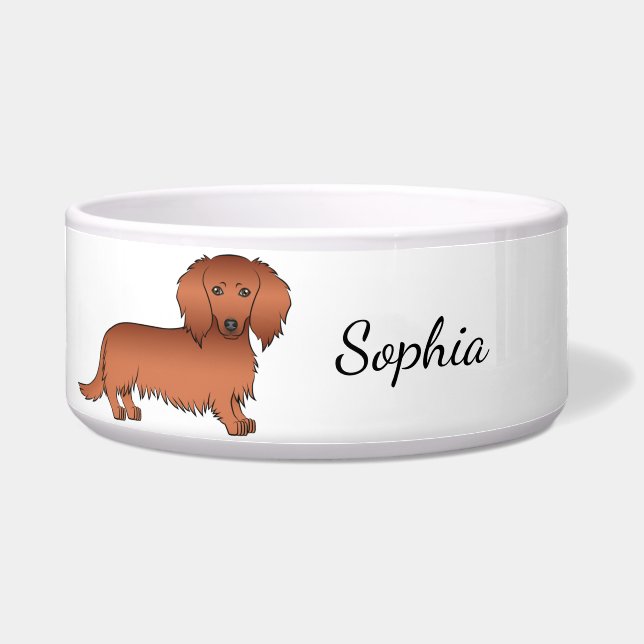 Red Long Hair Dachshund Cute Cartoon Dog & Name Bowl (Front)