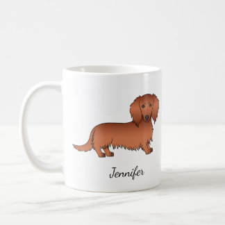 Red Long Hair Dachshund Cute Cartoon Dog &amp; Name Coffee Mug