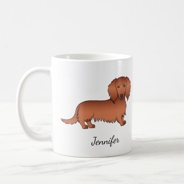 Red Long Hair Dachshund Cute Cartoon Dog & Name Coffee Mug (Left)
