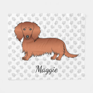 Red Long Hair Dachshund Cute Cartoon Dog & Name Fleece Blanket