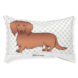 Red Long Hair Dachshund Cute Cartoon Dog & Name Pet Bed
