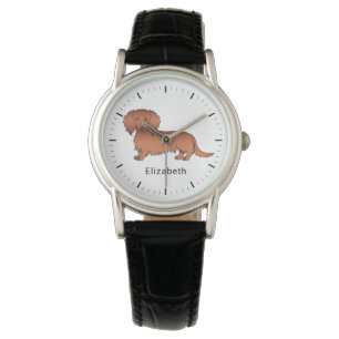Red Long Hair Dachshund Cute Cartoon Dog & Name Watch