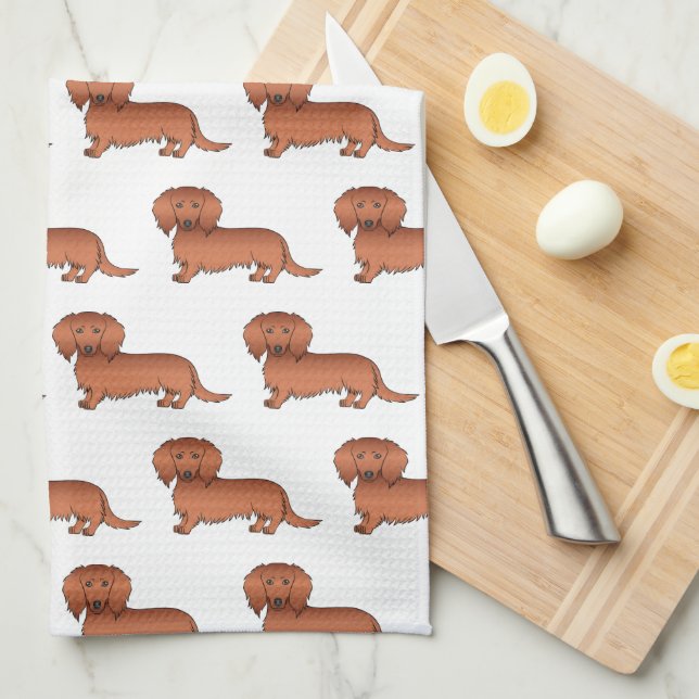 Red Long Hair Dachshund Cute Cartoon Dog Pattern Kitchen Towel (Quarter Fold)