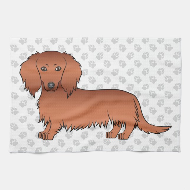 Red Long Hair Dachshund Cute Cartoon Dog & Paws Kitchen Towel (Horizontal)