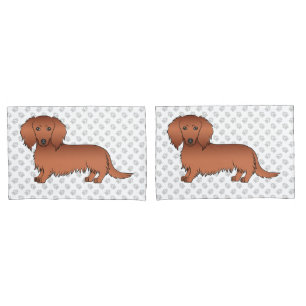 Red Long Hair Dachshund Cute Cartoon Dog & Paws Pillow Case