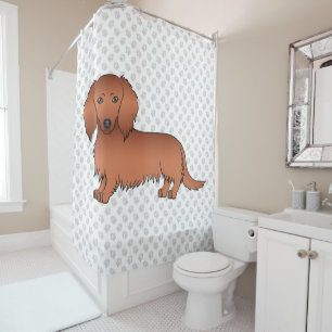 Red Long Hair Dachshund Cute Cartoon Dog & Paws Shower Curtain