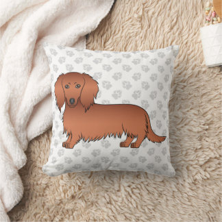 Red Long Hair Dachshund Cute Cartoon Dog &amp; Paws Throw Pillow