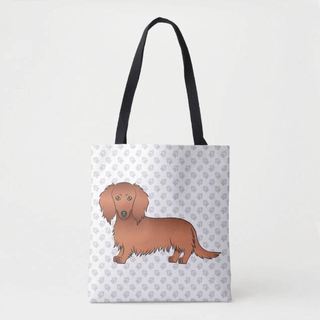 Red Long Hair Dachshund Cute Cartoon Dog & Paws Tote Bag (Front)