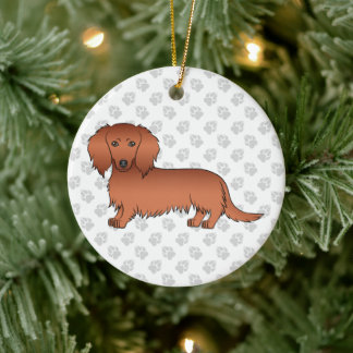 Red Long Hair Dachshund Cute Cartoon Dog &amp; Text Ceramic Ornament