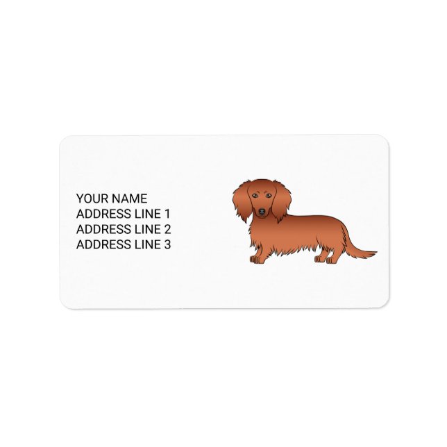 Red Long Hair Dachshund Cute Cartoon Dog & Text Label (Front)
