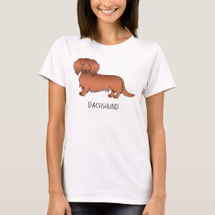Red Long Hair Dachshund Cute Cartoon Dog & Text T-Shirt