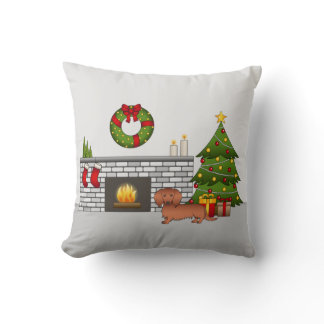 Red Long Hair Dachshund Cute Dog - Christmas Room Throw Pillow