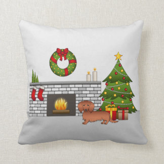 Red Long Hair Dachshund Cute Dog - Christmas Room Throw Pillow