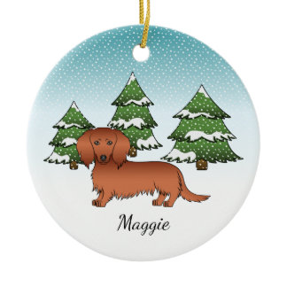 Red Long Hair Dachshund Cute Dog - Winter Forest Ceramic Ornament