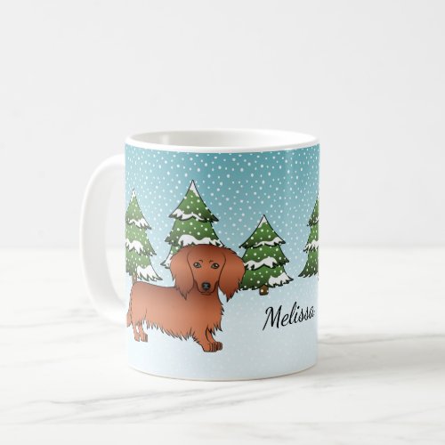 Red Long Hair Dachshund Cute Dog _ Winter Forest Coffee Mug