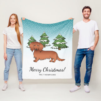 Red Long Hair Dachshund Cute Dog - Winter Forest Fleece Blanket