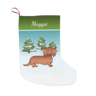 Red Long Hair Dachshund Cute Dog - Winter Forest Small Christmas Stocking