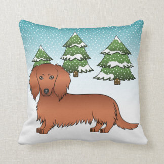 Red Long Hair Dachshund Cute Dog - Winter Forest Throw Pillow