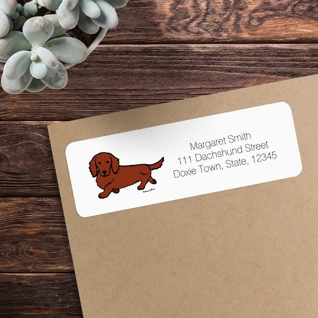 Red Long Haired Dachshund 1 Label (Red Long Haired Dachshund Return Address Label featuring Walking Dachshund.  Cute Cartoon Design.)