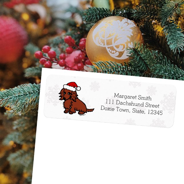 Red Long Haired Dachshund Christmas Cute Label (Red Long Haired Dachshund Santa Design Christmas Return Address Labels for Dachshund Owners.)