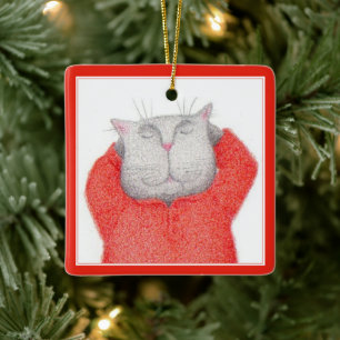 RED LONG JOHNS CAT Ceramic Square Ornament