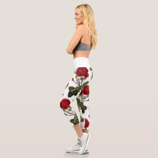 Red Long Stem Rose Pattern Capri Leggings