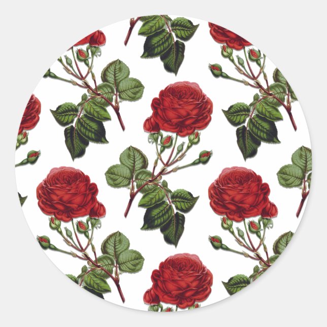 Red Long Stem Rose Pattern Classic Round Sticker (Front)