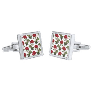 Red Long Stem Rose Pattern Cufflinks