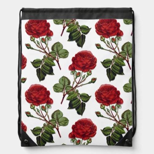 Red Long Stem Rose Pattern Drawstring Bag