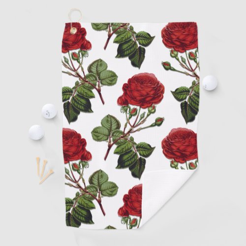 Red Long Stem Rose Pattern Golf Towel