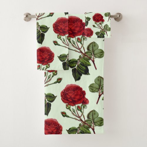 Red Long Stem Rose Pattern Green Background Bath Towel Set