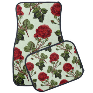 Red Long Stem Rose Pattern Green Background Car Floor Mat