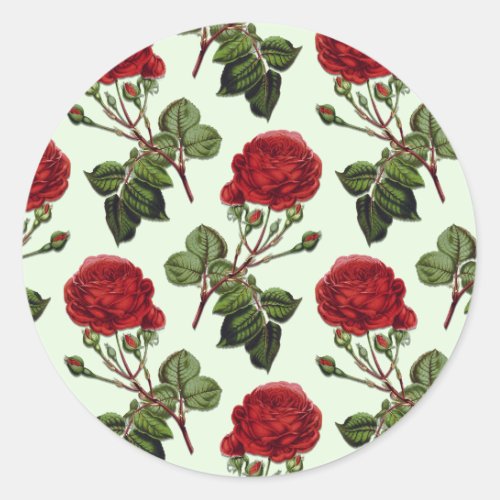 Red Long Stem Rose Pattern Green Background Classic Round Sticker