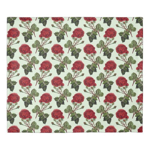 Red Long Stem Rose Pattern Green Background Duvet Cover