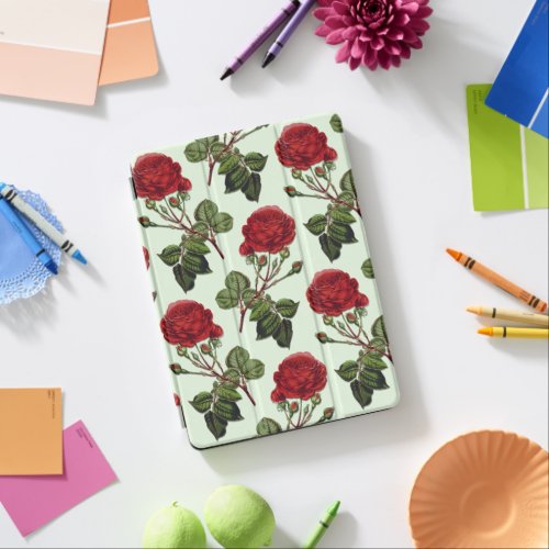 Red Long Stem Rose Pattern Green Background iPad Air Cover