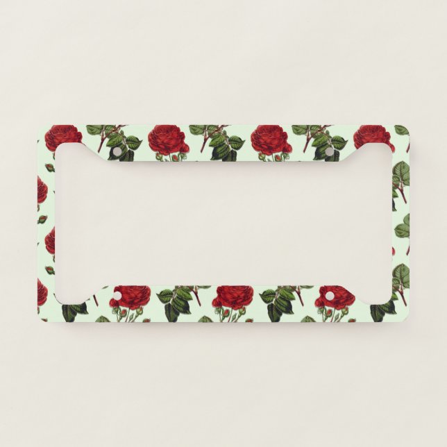 Red Long Stem Rose Pattern Green Background License Plate Frame (Front)