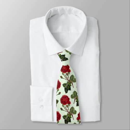 Red Long Stem Rose Pattern Green Background Neck Tie