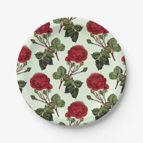 Red Long Stem Rose Pattern Green Background Paper Plates