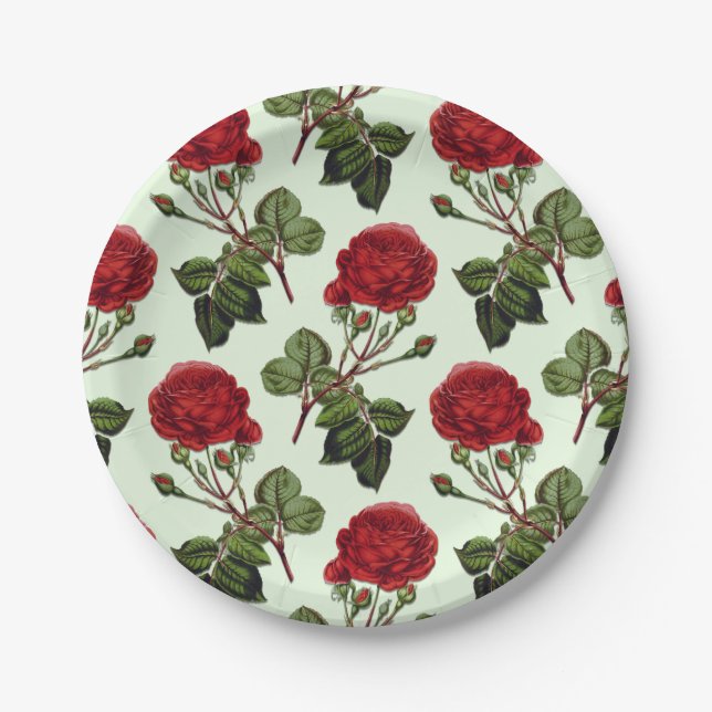 Red Long Stem Rose Pattern Green Background Paper Plates (Front)