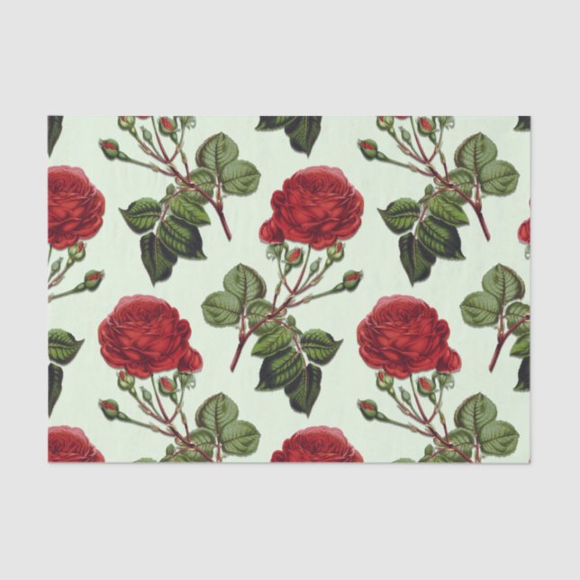 Red Long Stem Rose Pattern Green Background Tissue Paper (Front)