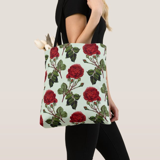 Red Long Stem Rose Pattern Green Background Tote Bag (Close Up)