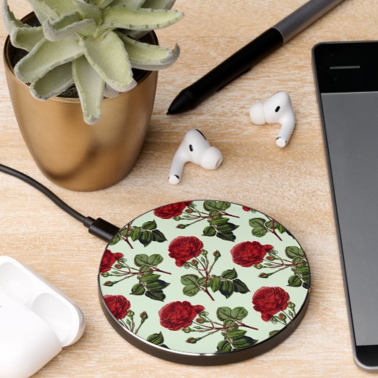 Red Long Stem Rose Pattern Green Background Wireless Charger (Desk 2)