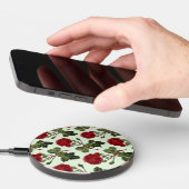 Red Long Stem Rose Pattern Green Background Wireless Charger (Hand)