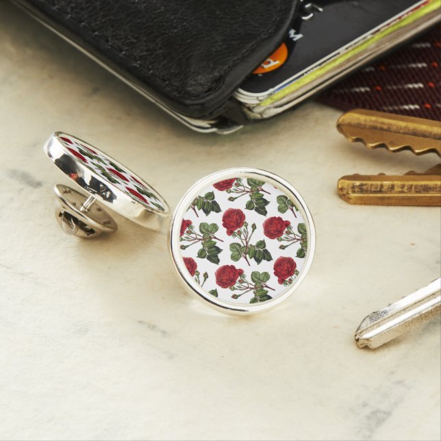 Red Long Stem Rose Pattern Lapel Pin (In Situ)