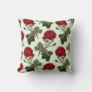 Red Long Stem Rose Pattern Mint  Green Back  Throw Pillow