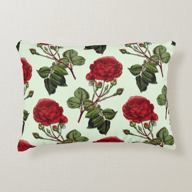 Red Long Stem Rose Pattern Mint Green Background Accent Pillow (Front)