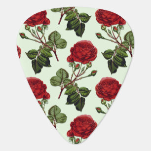 Red Long Stem Rose Pattern Mint Green Background Guitar Pick